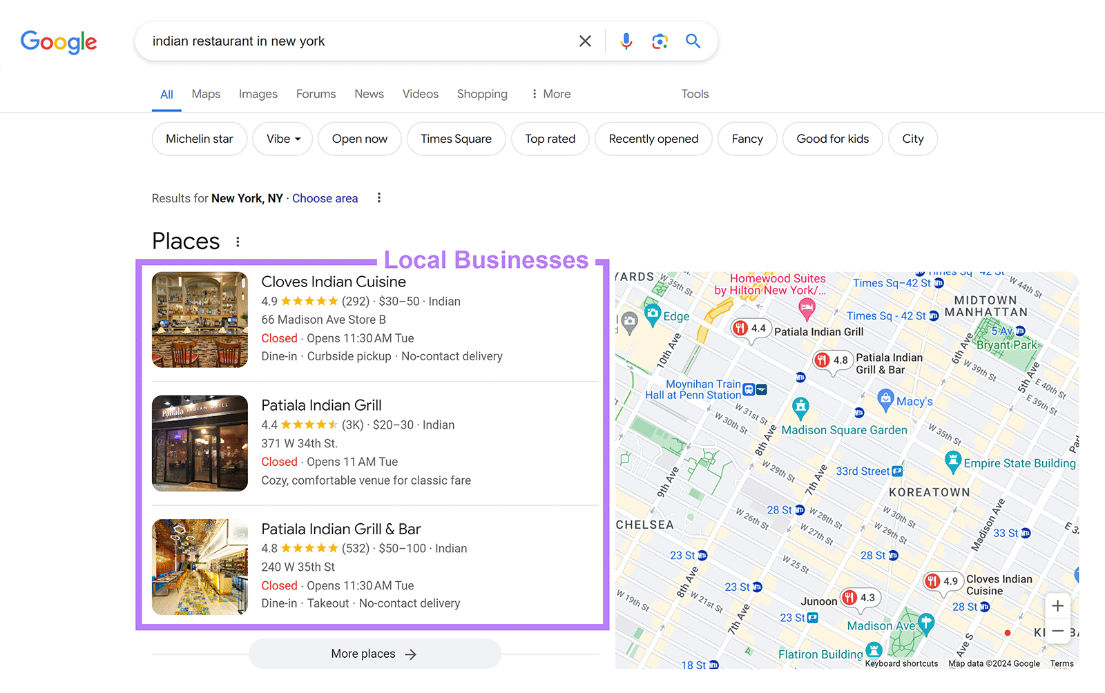 Google search results for 'indian restaurant in new york' showing local businesses in the Local Pack