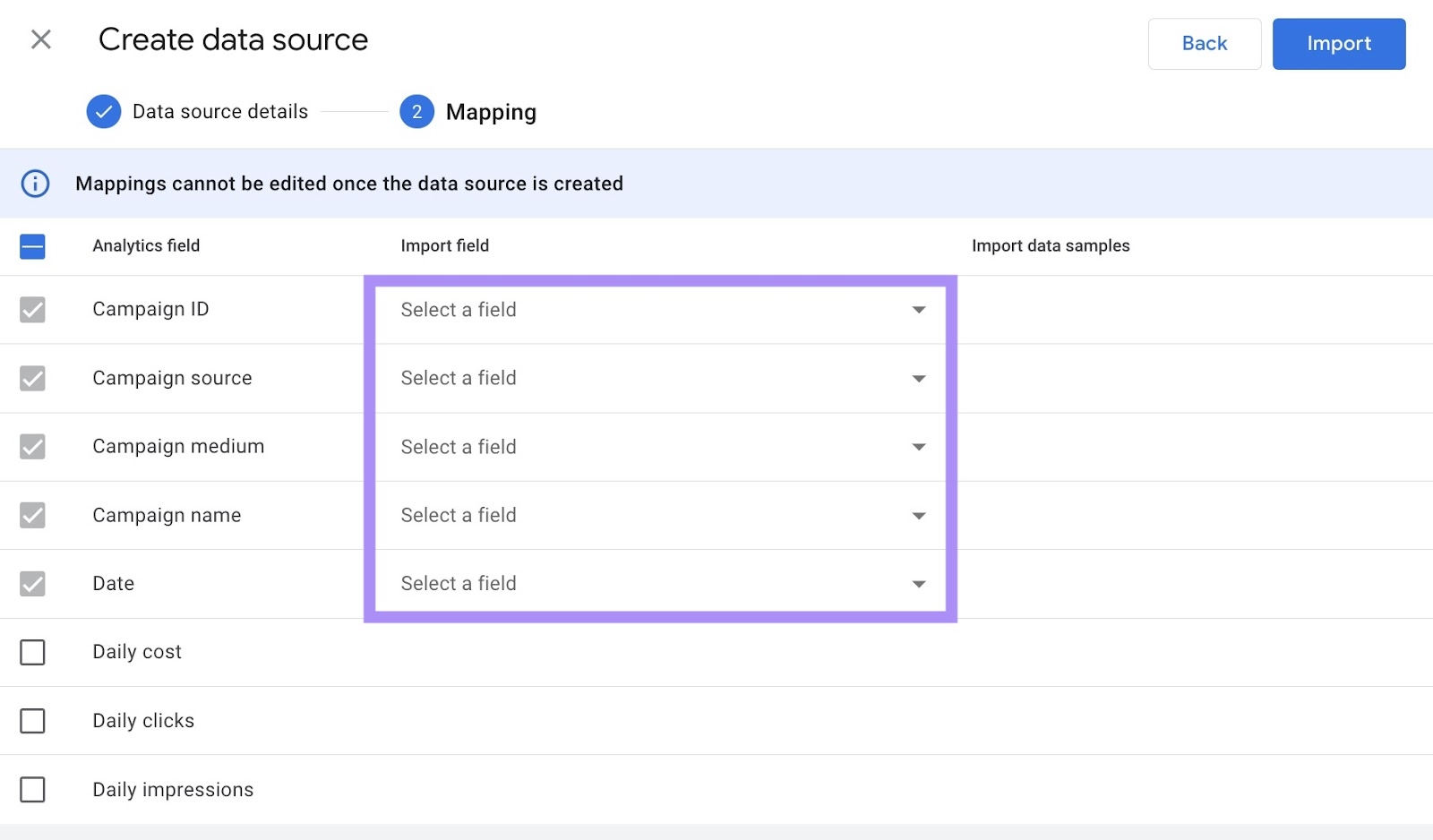 Mapping manual data sources window in GA4