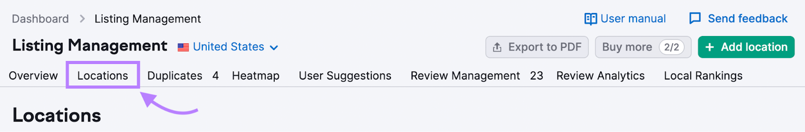 “Locations” tab highlighted in the Listing Management tool