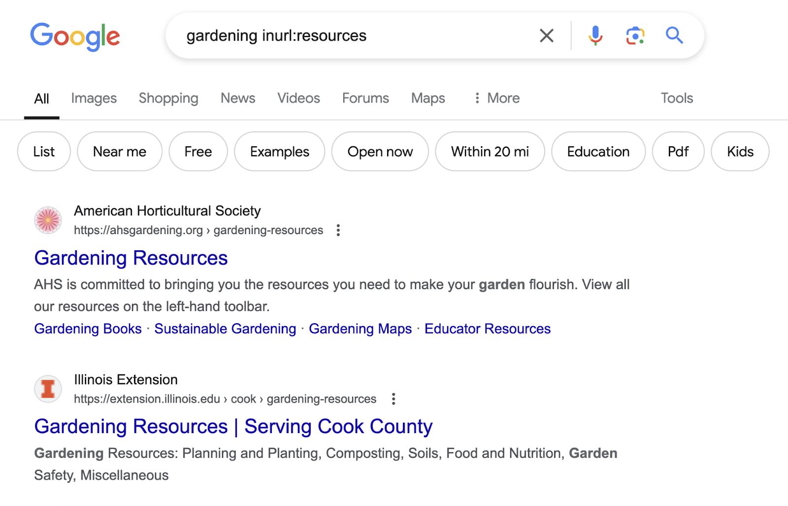 Google search for gardening inurl:resources