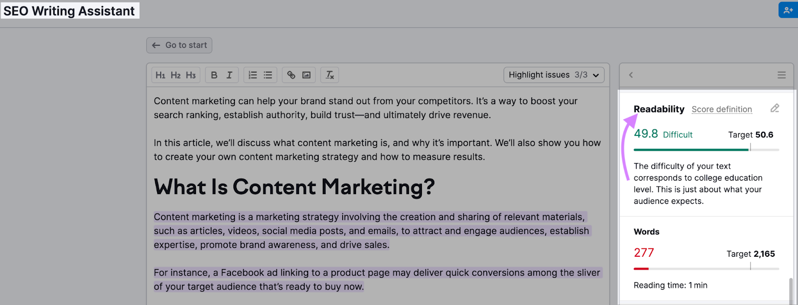 SEO Writing Assistant editor with "Readability" section highlighted