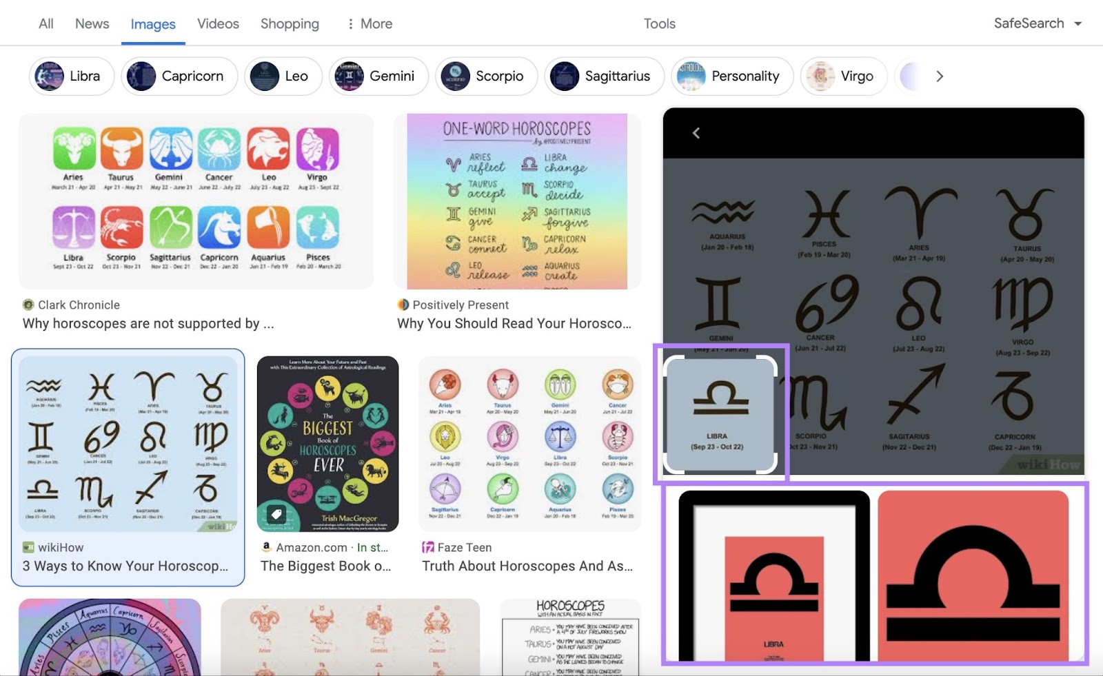 Isolating an object from the image found in Google for "horoscopes" to perform a reverse image search on desktop