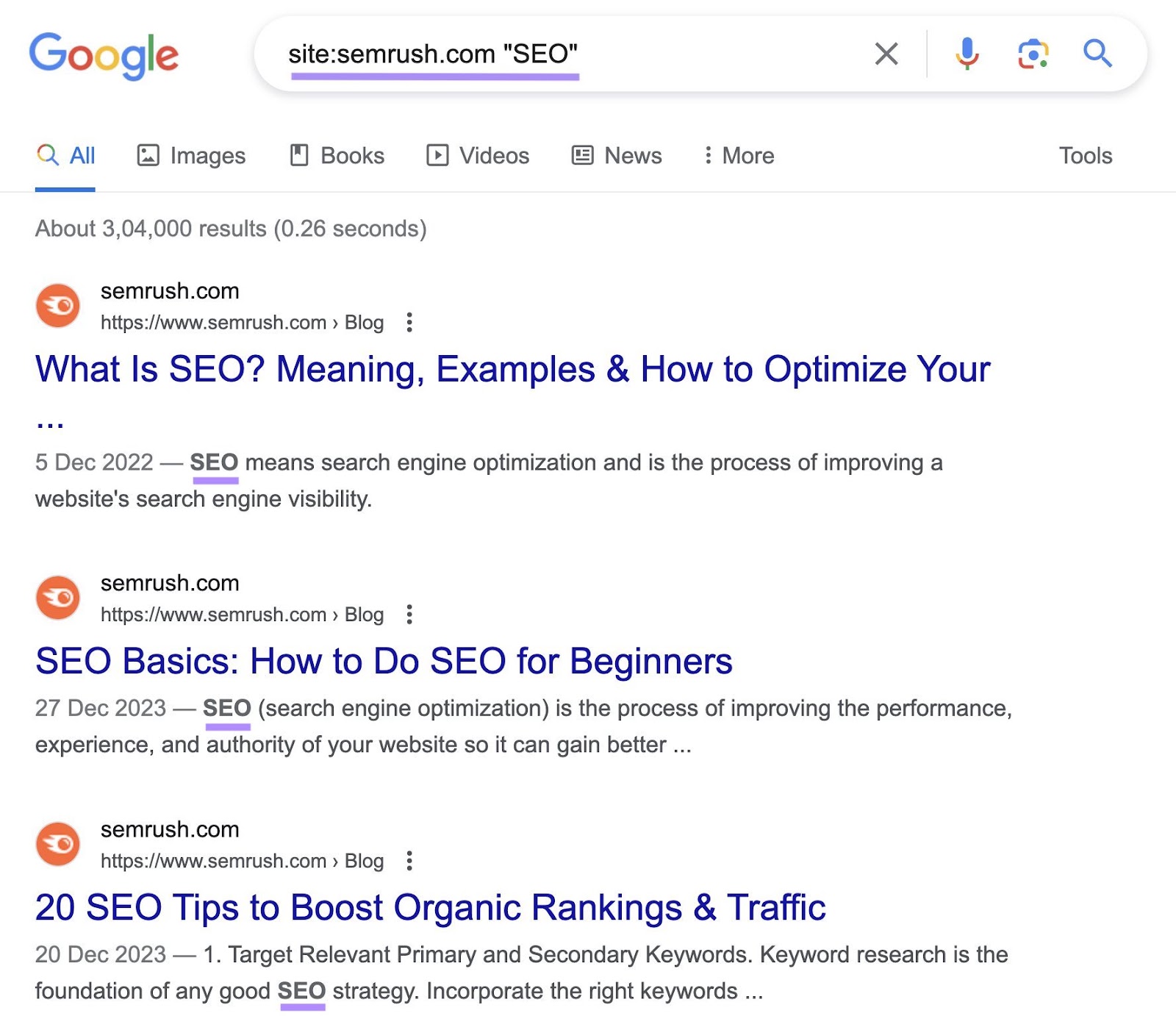 Google's SERP for "site:semrush.com "SEO"” site search