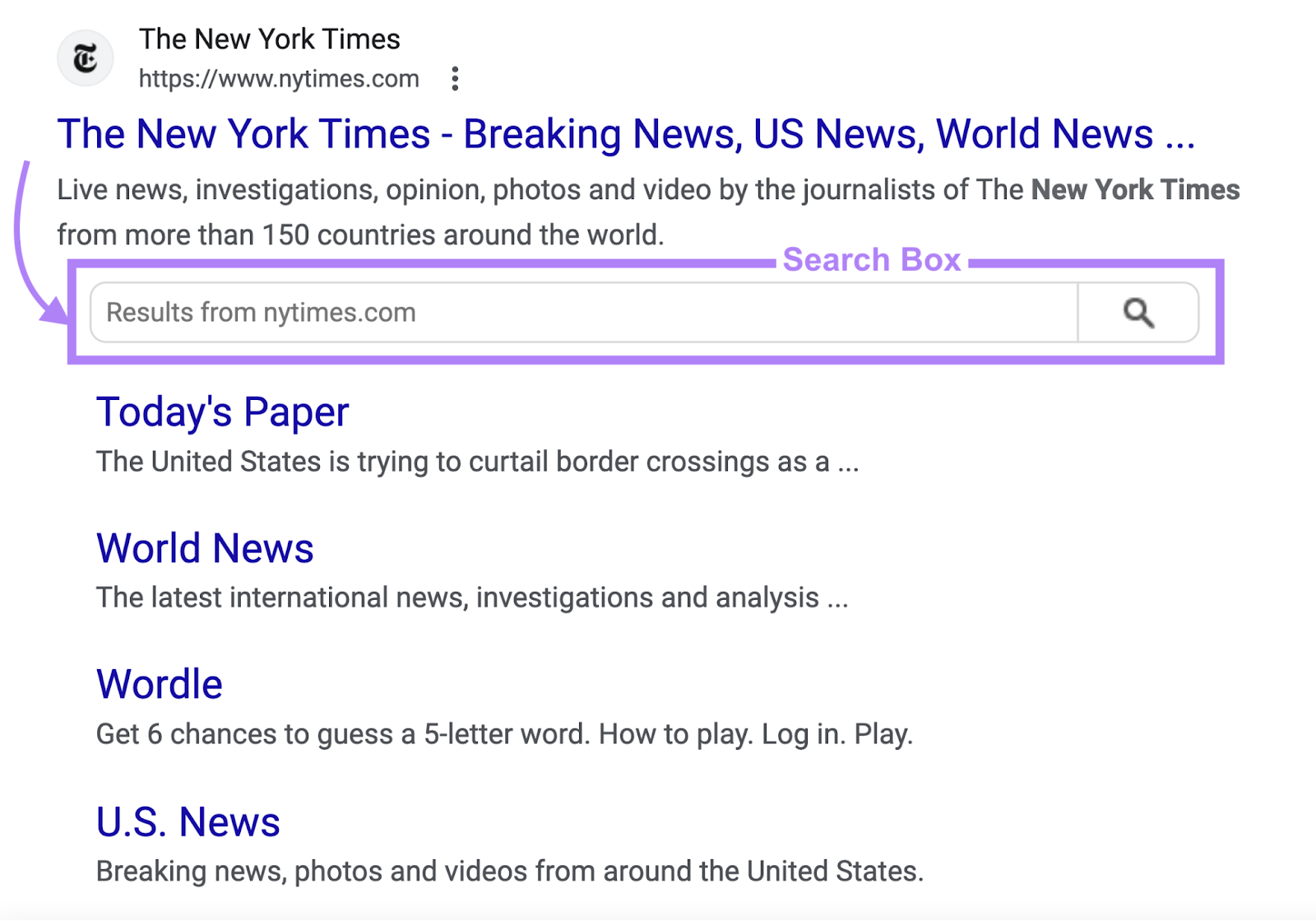 search box in "The New York Times" site in SERP, above sitelinks