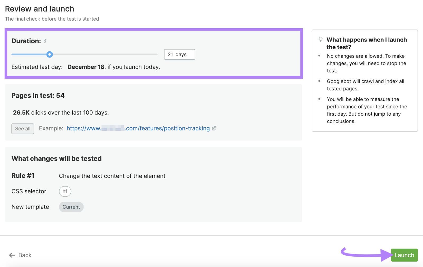 "Review and launch" window in SplitSignal tool