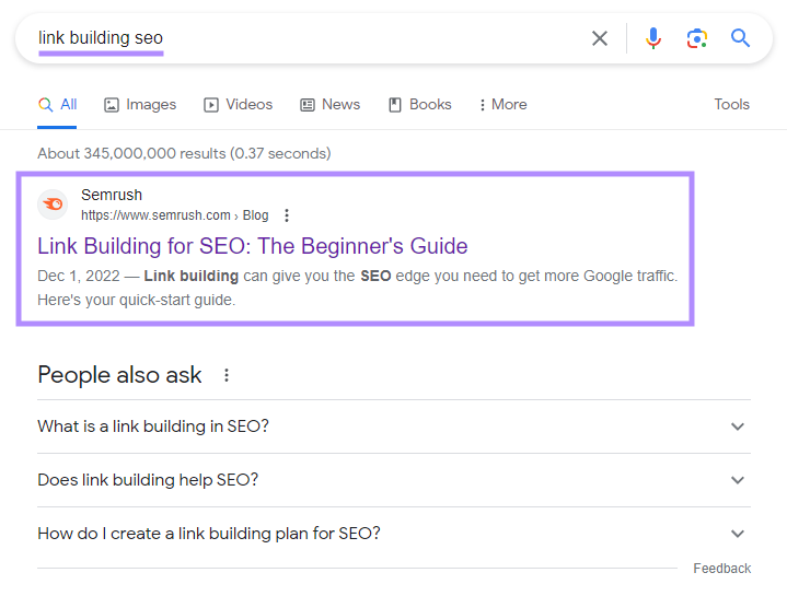 Semrush's results on Google SERP for “link building seo” query