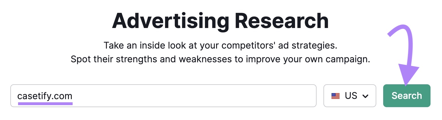 Advertising Research tool interface with “casetify.com” entered in the domain bar.