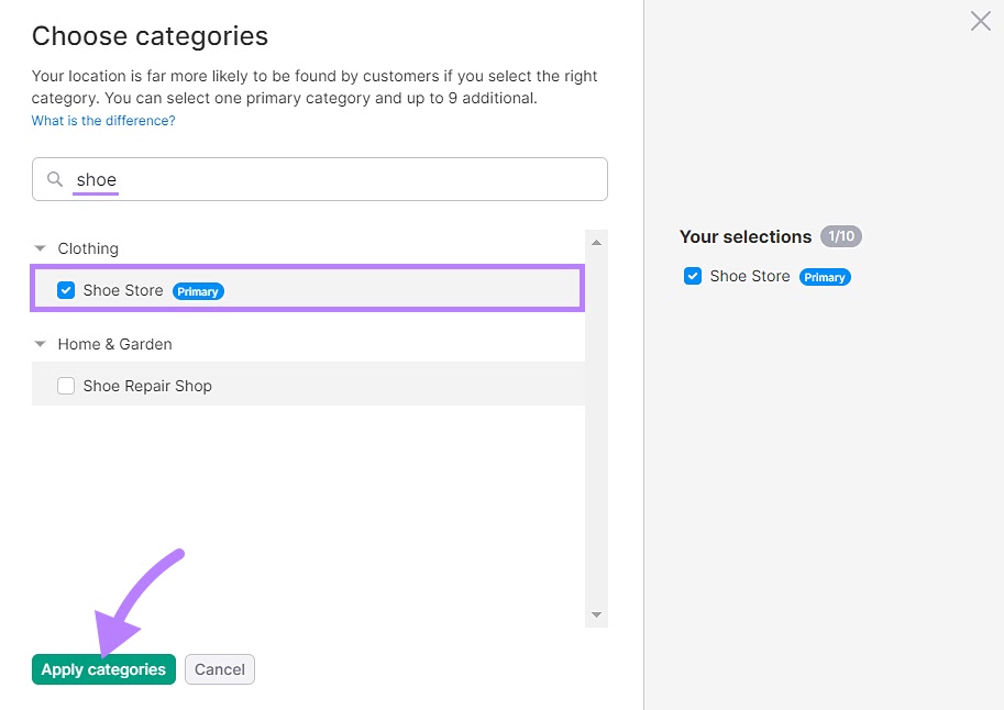 "Clothing" category selected for the Shoe Box