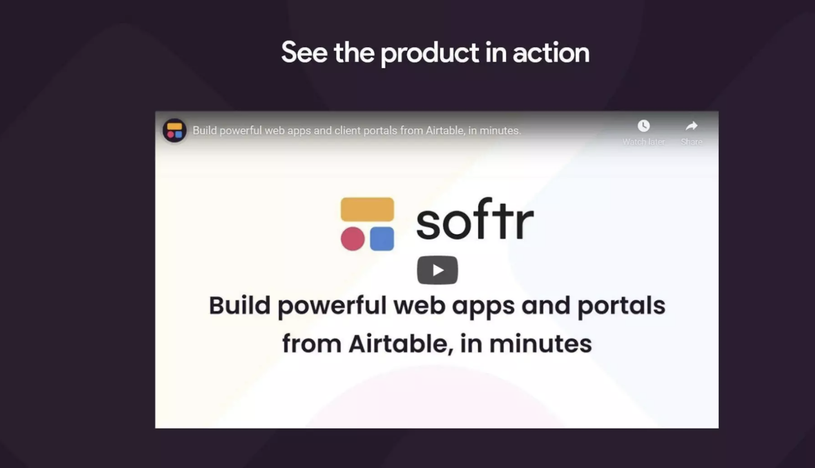 Softr pitch deck slide showing video demonstration.