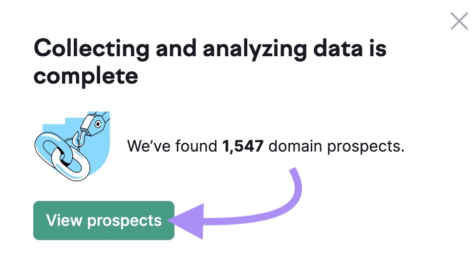 "Collecting and analyzing data is complete" message in Link Building Tool