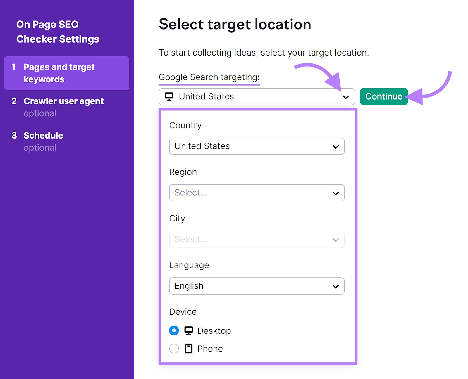 On Page SEO Checker Settings "Pages and target keywords" tab with the location drop-down menu and "Continue" button highlighted.