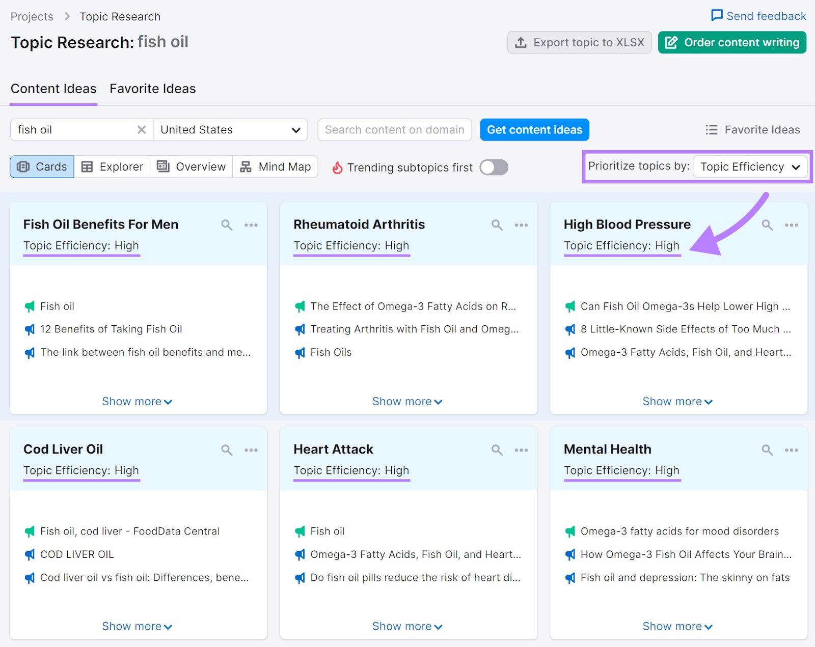 Results with “Topic Efficiency: High" label highlighted under "Content Ideas" tab in Topic Research tool