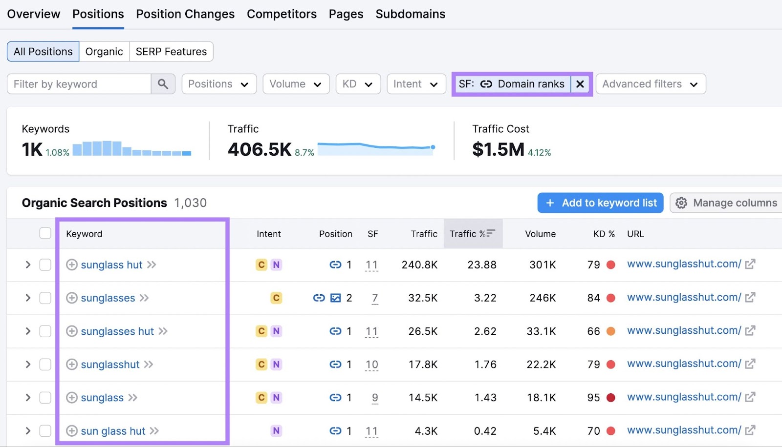 Organic Research Positions tab showing keywords for which a domain shows sitelinks