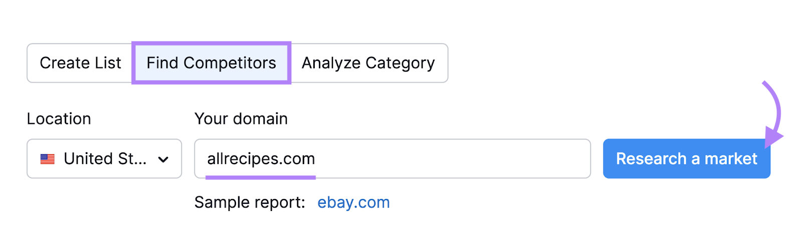 Semrush Market Explorer tool find competitors for All Recipes