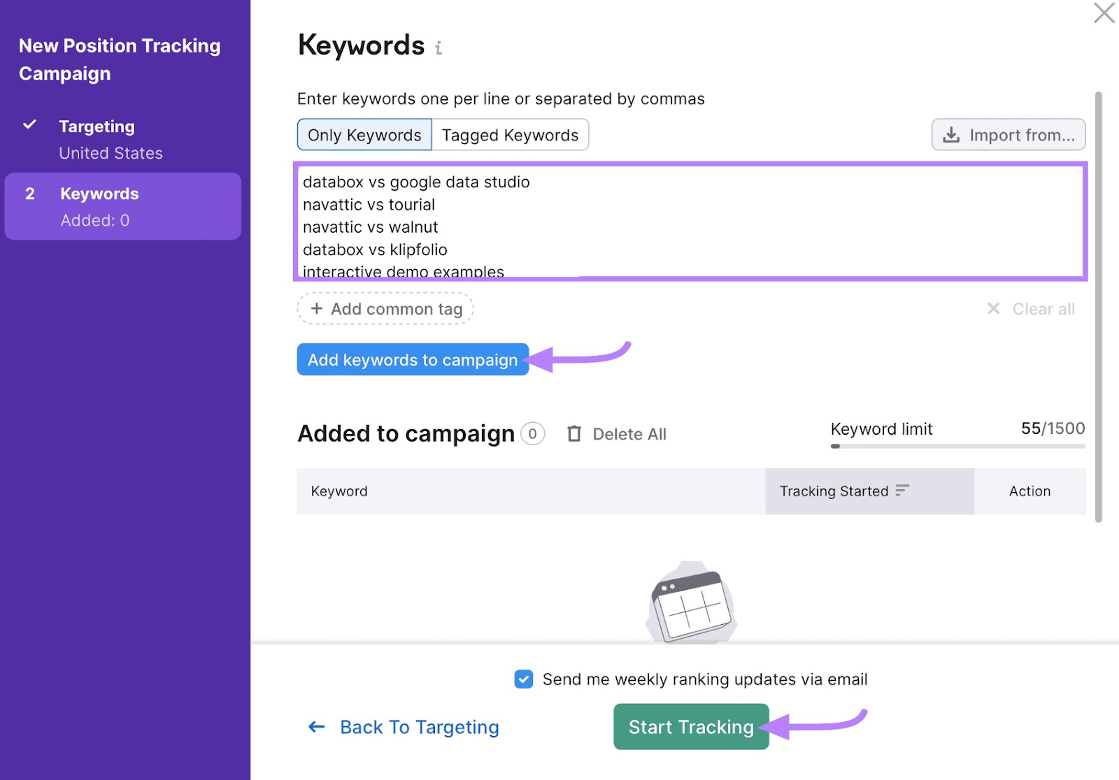 "Keywords" screen in Position Tracking settings