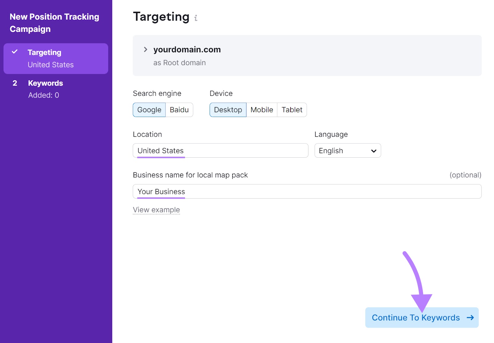 "Targeting" window in Position Tracking settings