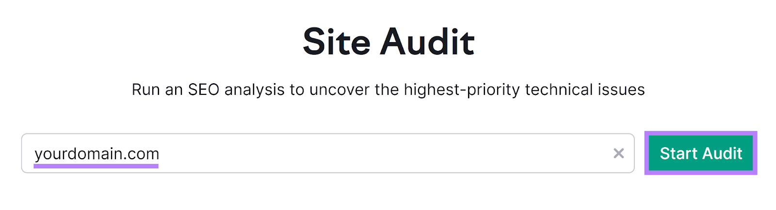 Semrush Site Audit start page, with the domain input box and “Start Audit” button highlighted