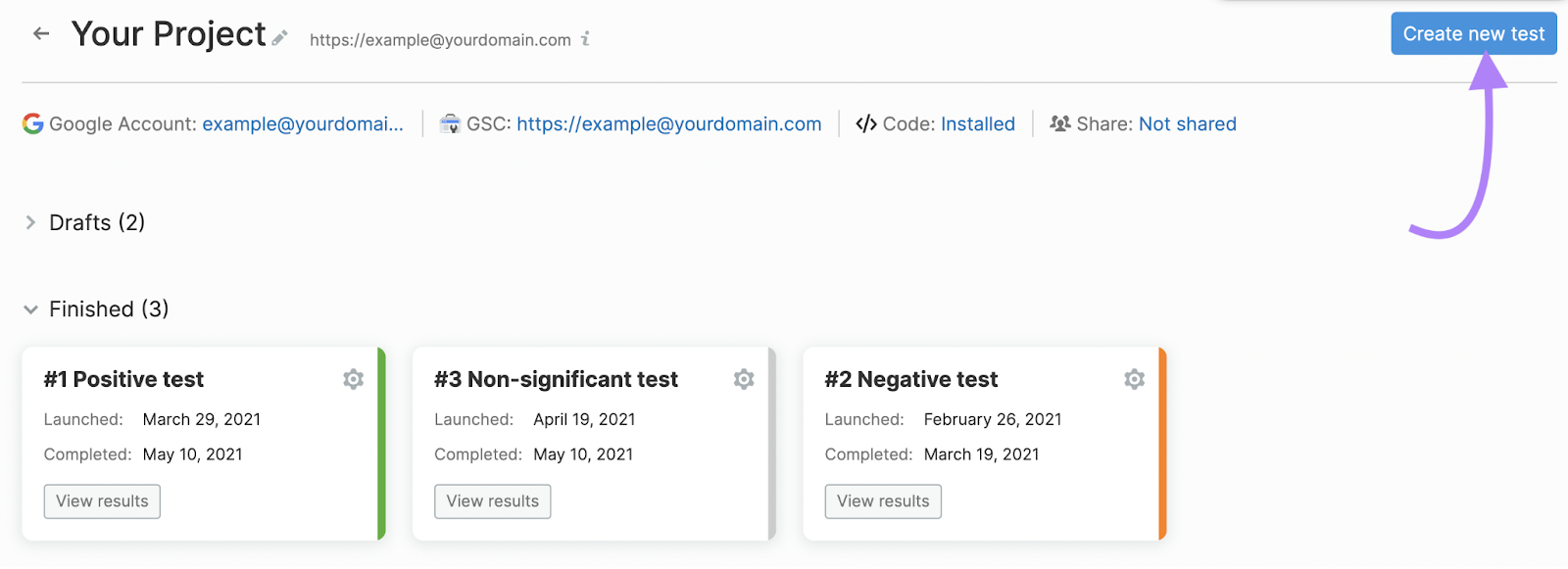 “Create new test” in SplitSignal tool