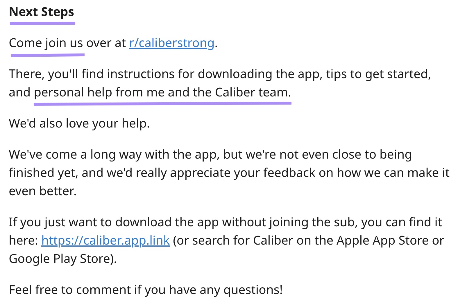 "Next Steps" section of Caliber's Reddit ad