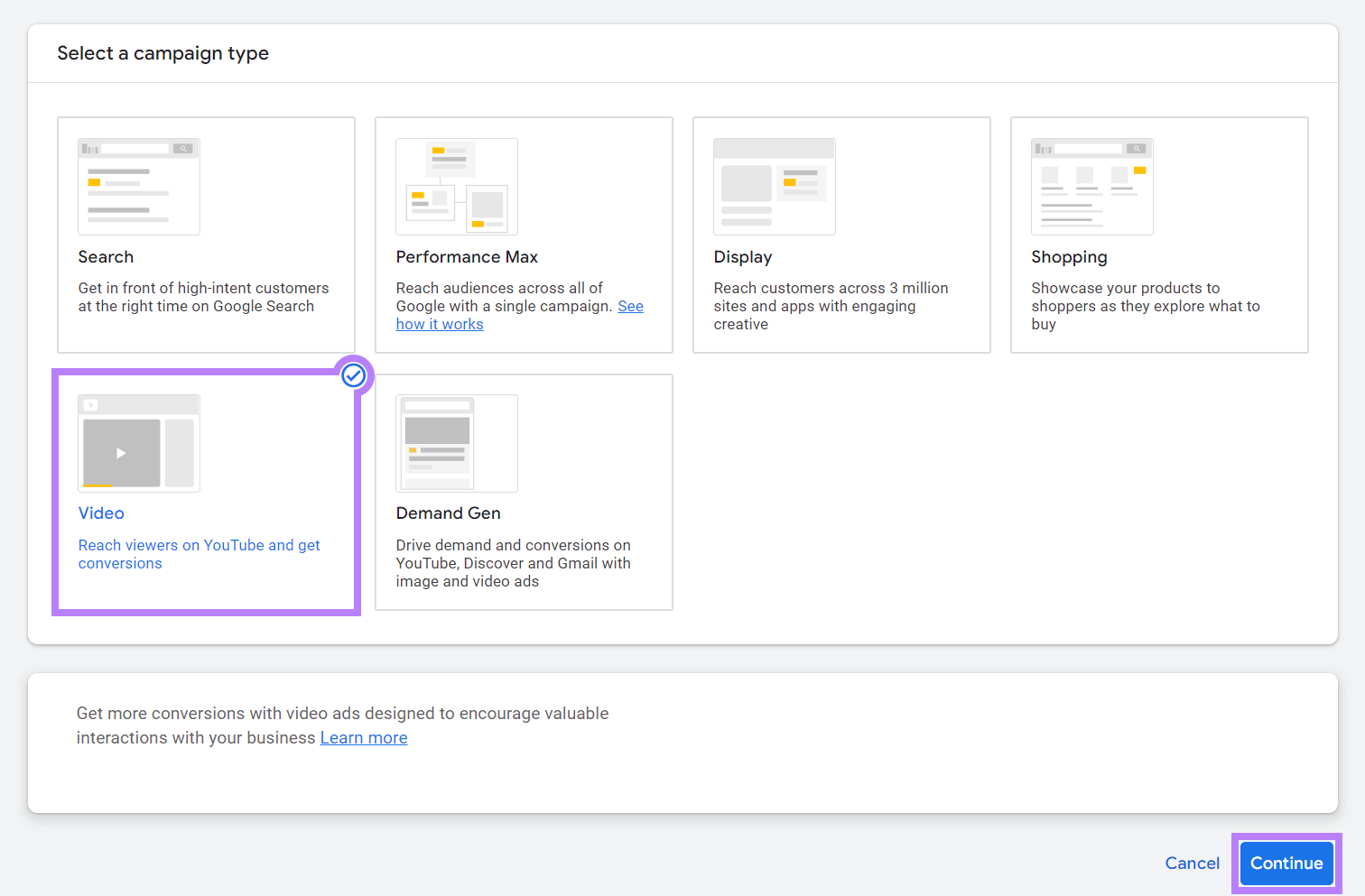 "Video" set as the campaign type in Google Ads