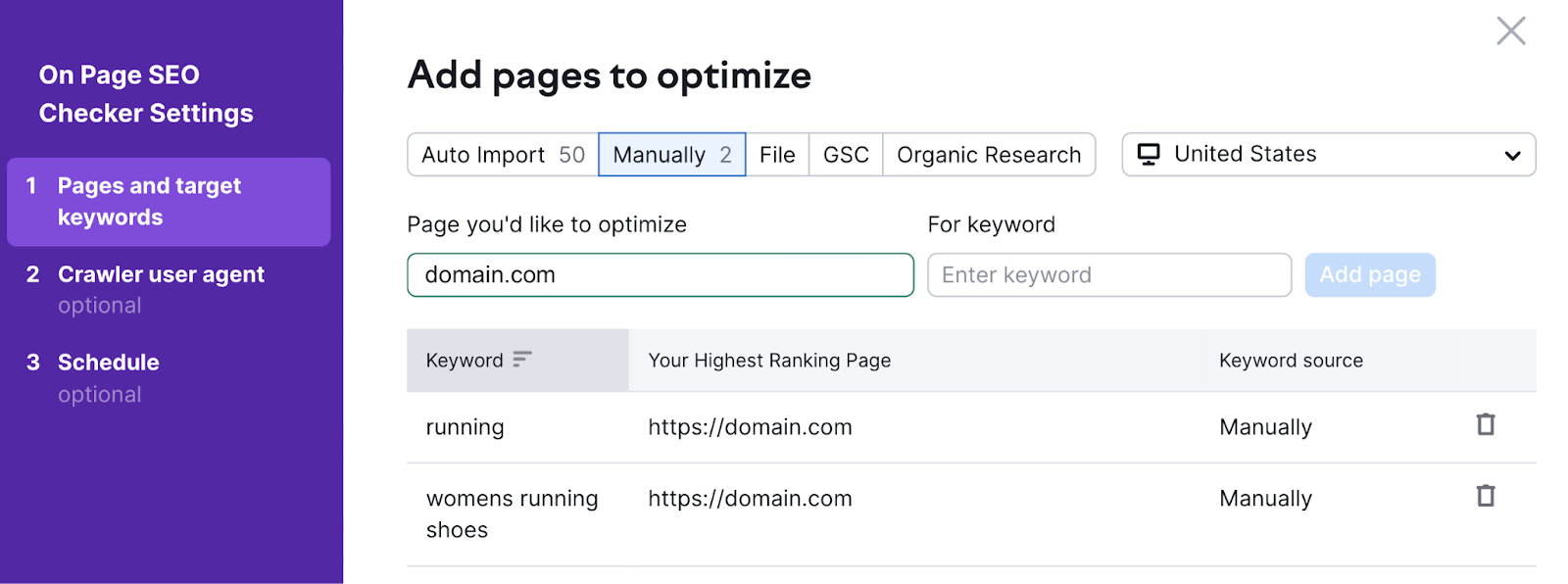 manually add keywords you'd like to rank for on each page in on page seo checker tool