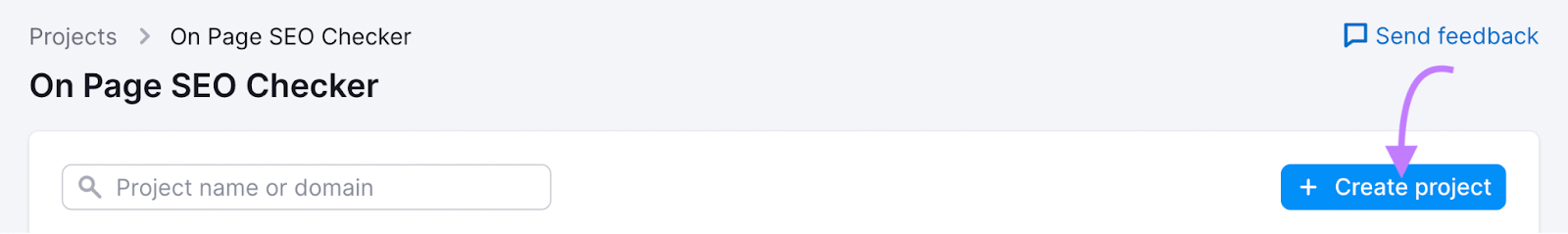 “+ Create project" button selected under On Page SEO Checker tool