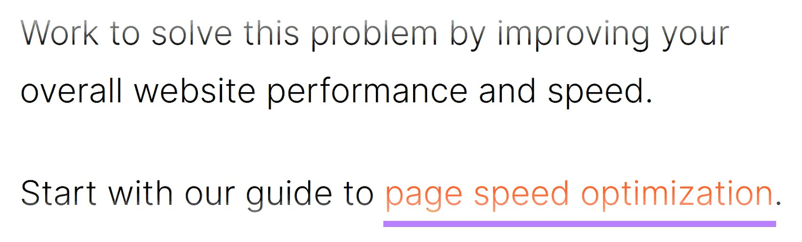 An example of an internal link with anchor text "page speed optimization"