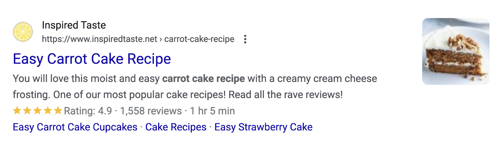 Search result for "carrot cake recipe" shows an image, star rating, number of reviews, time to complete, and more as seen in the image above.