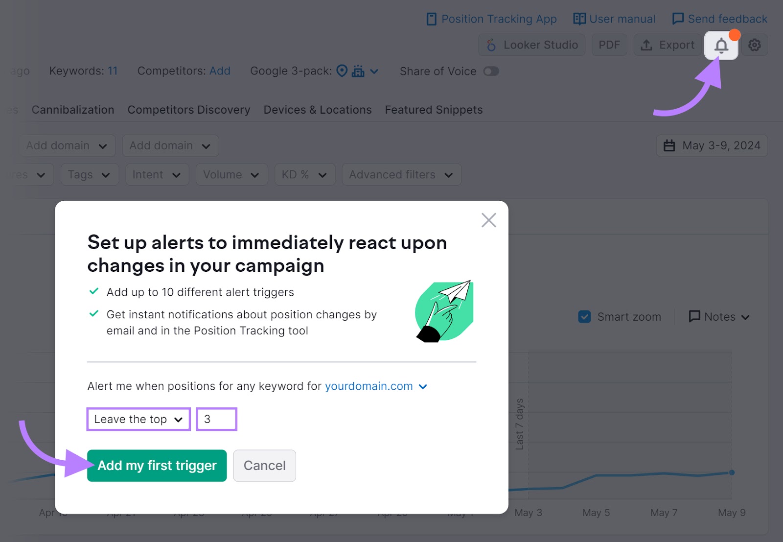 Position Tracking tool with alerts set to "Leave the top 3" and an arrow pointing to the "Add my first trigger" button.