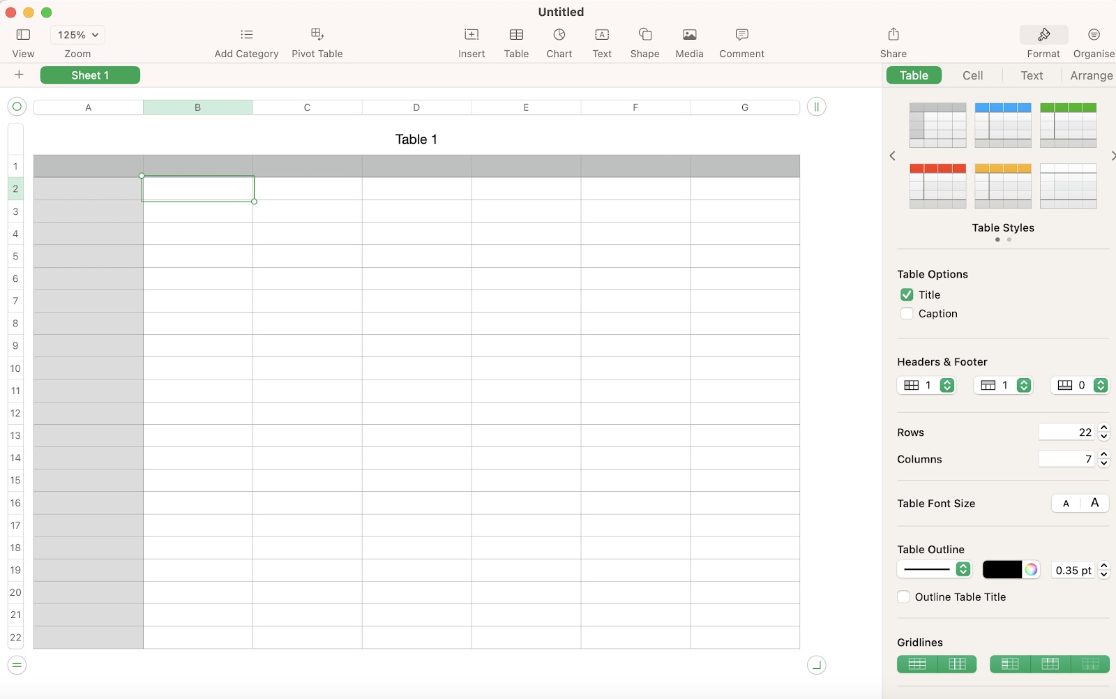 An Apple Numbers empty spreadsheet