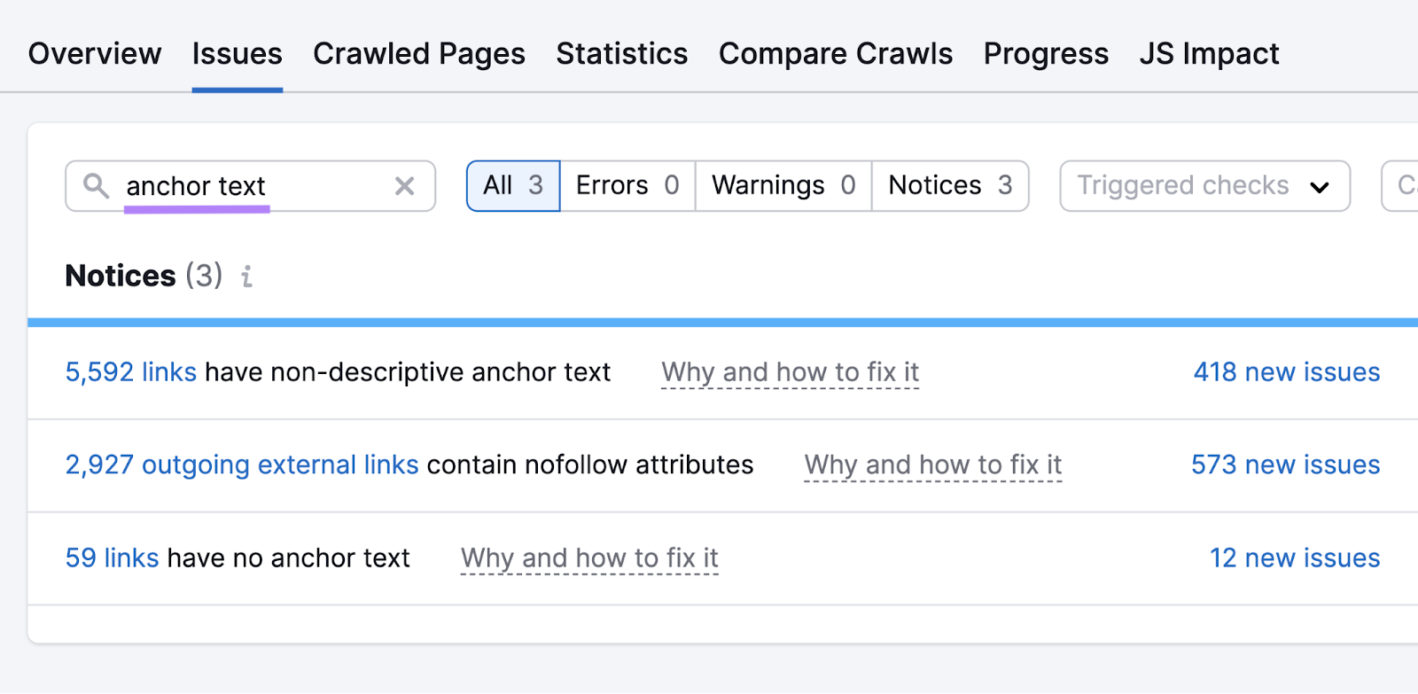 anchor text in site audit are non-descriptive anchor text, outgoing external links contain nofollow attributes, and link have no anchor text