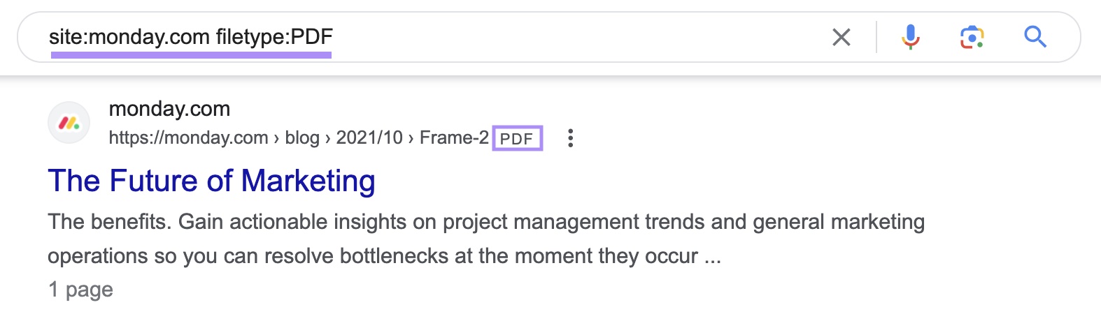 "site:monday.com filetype:PDF" search query shows Monday's future of marketing PDF report