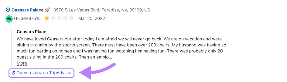 “Open review on TripAdvisor” button highlighted under a review