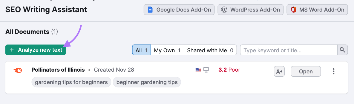 “+ Analyze new text" button highlighted under SEO Writing Assistant
