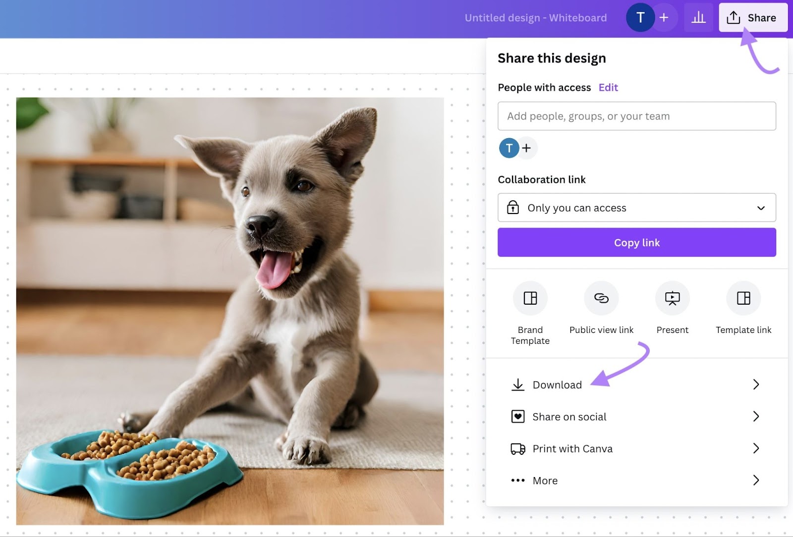 Download a cute puppy eating dog food image from Canva's Magic Media tool