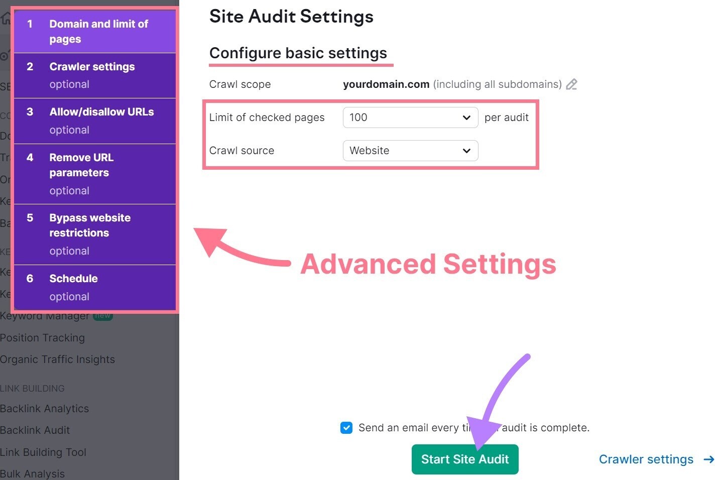 Site Audit Settings page