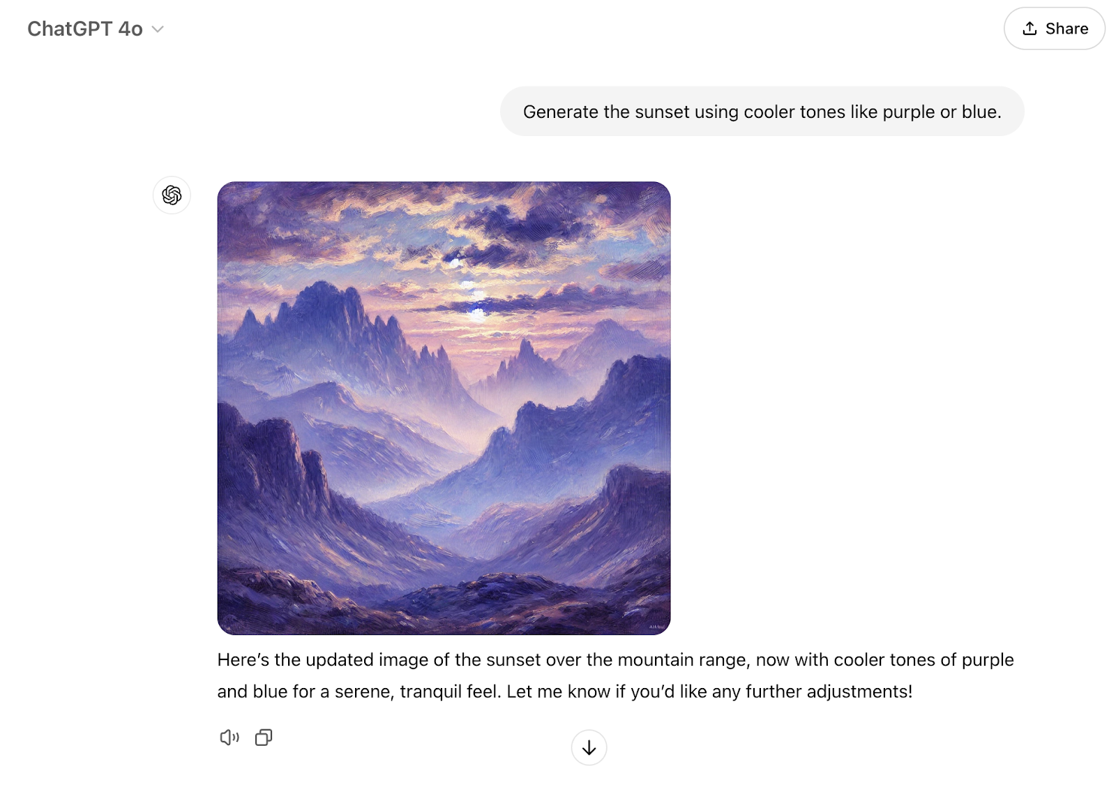 The prompt says "Generate the sunset using cooler tones like purple or blue." The response is an image with cool tones only and the mountain range is slightly different than the original as well.