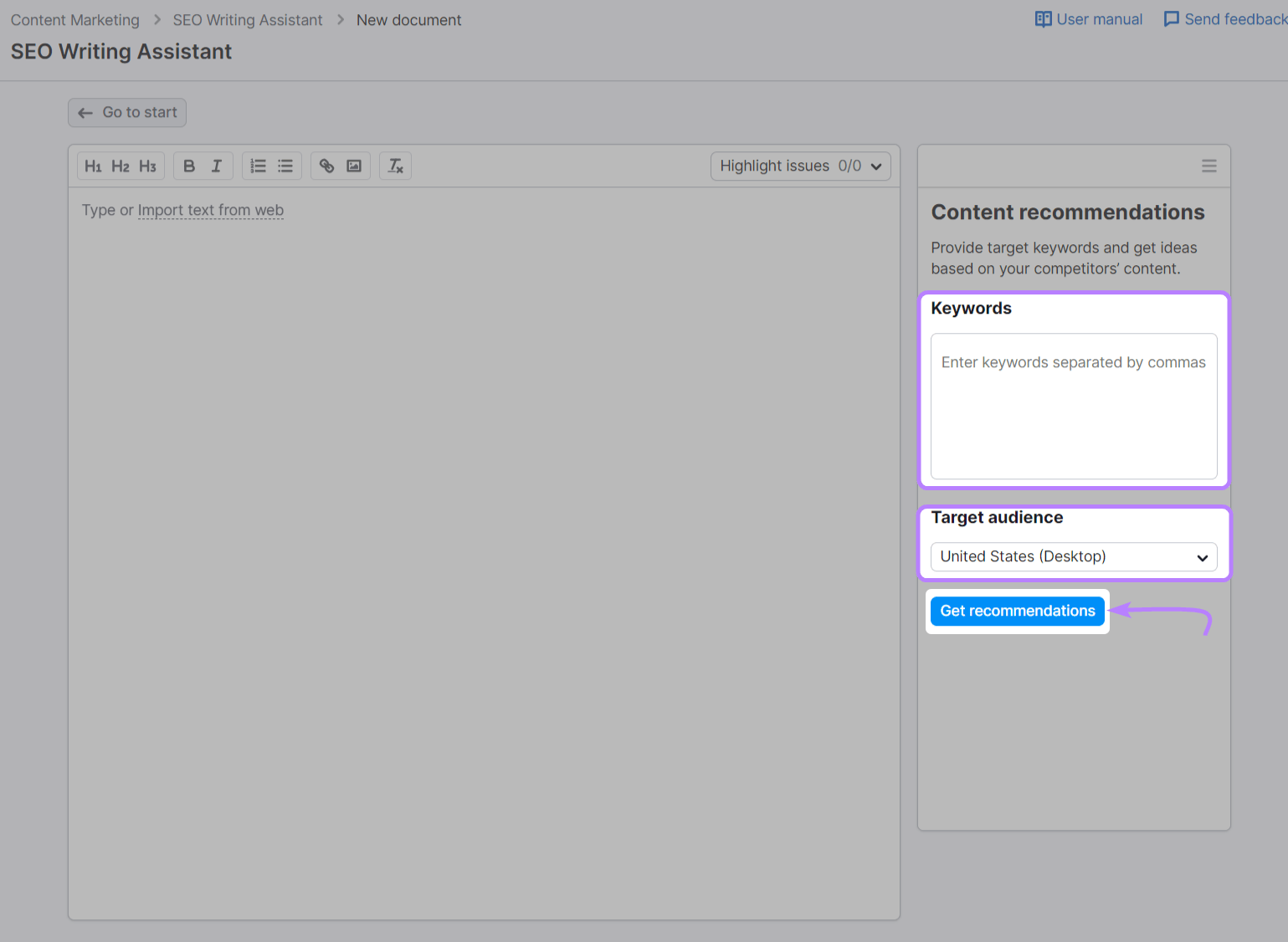 "Keywords," "target audience," section and "Get recommendations" button highlighted in SEO Writing Assistant