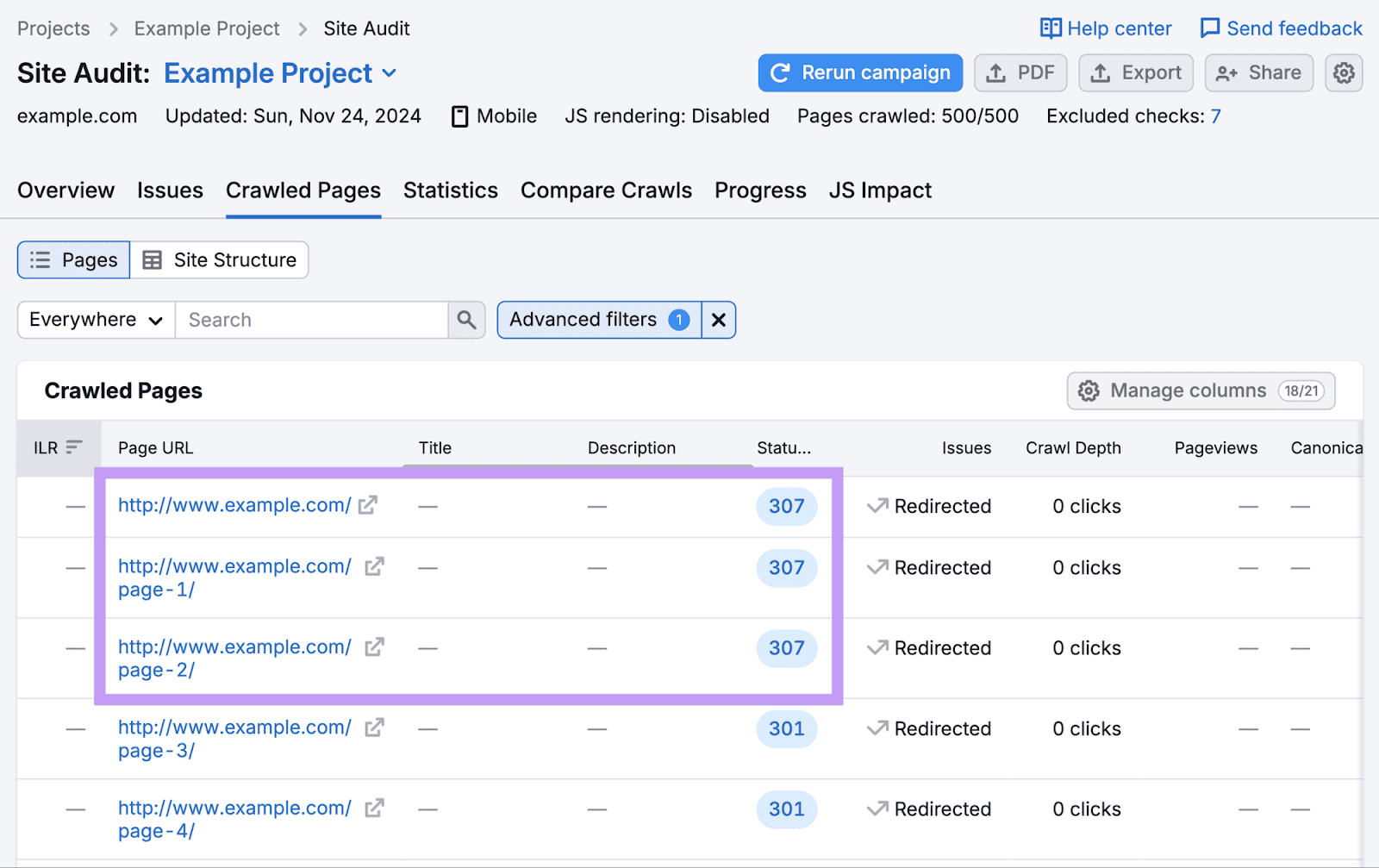 List of URLs with 307 redirects in Site Audit