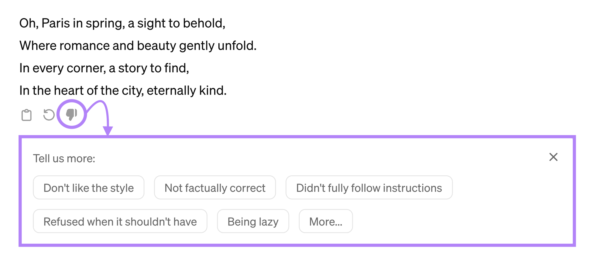 thumbs down icon highlighted with tell us more pop up options such as don't like the style, not factually correct, being lazy, etc.