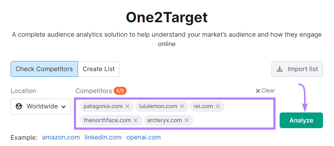 "patagonia.com" "lululemon.com" "rei.com" "thenorthface.com" and "arcteryx.com" entered into the One2Target search bar