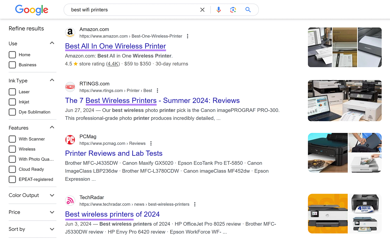 Google SERP for 'best wifi printers' with results highlighted for 'best wireless printers'