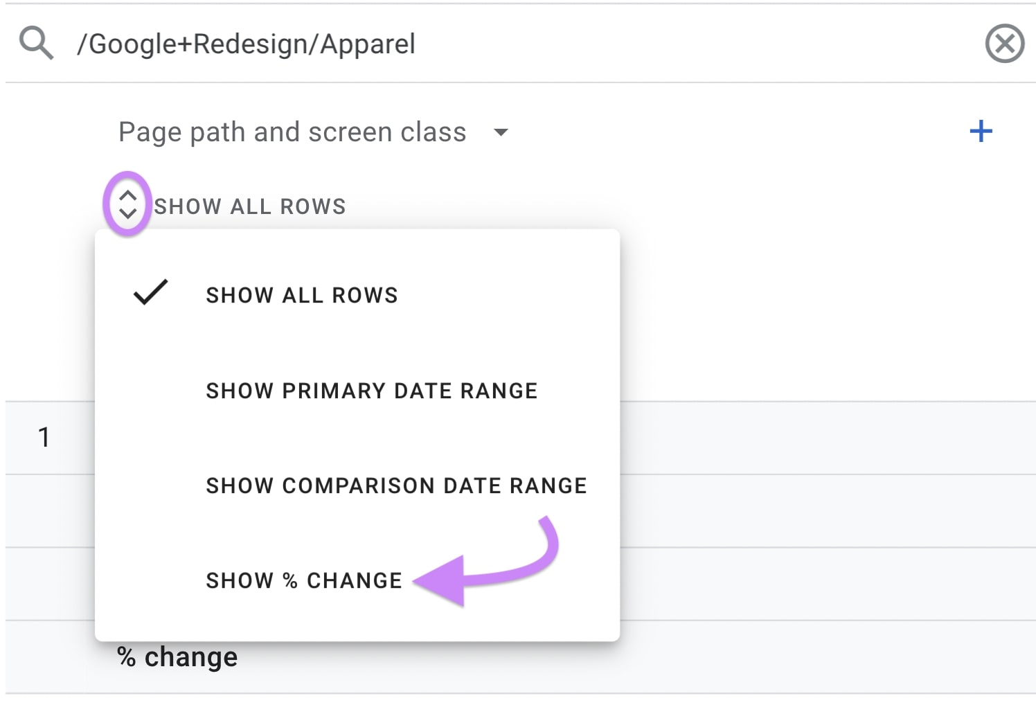 “Show % Change" option selected under “Show All Rows” drop-down menu