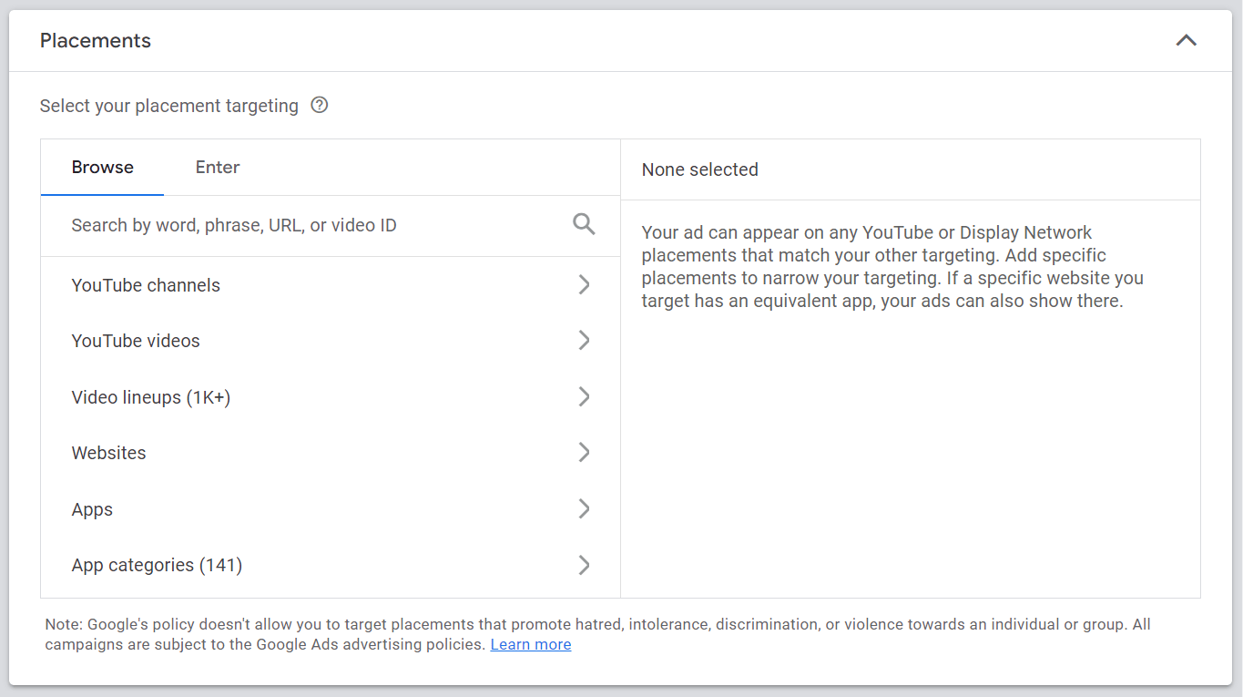 Placements section in Google Ads settings