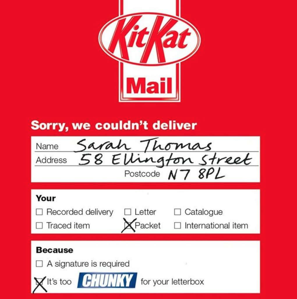 Bright red KitKat Chunky direct mail ad showing a failed parcel delivery notification.