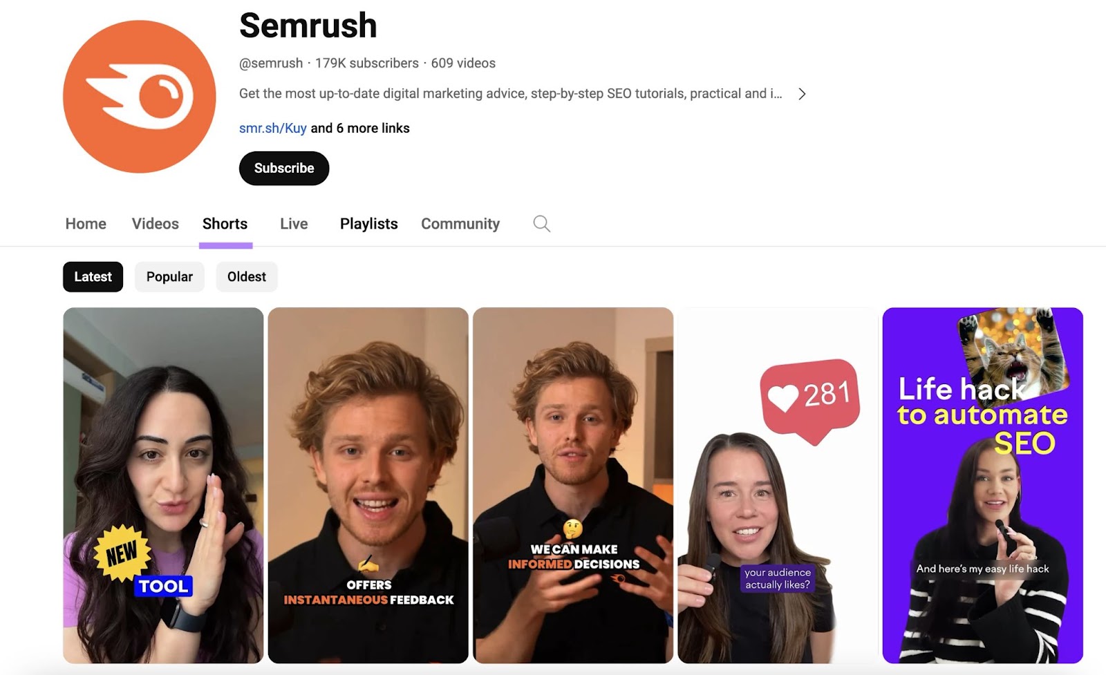 Semrush YouTube short page