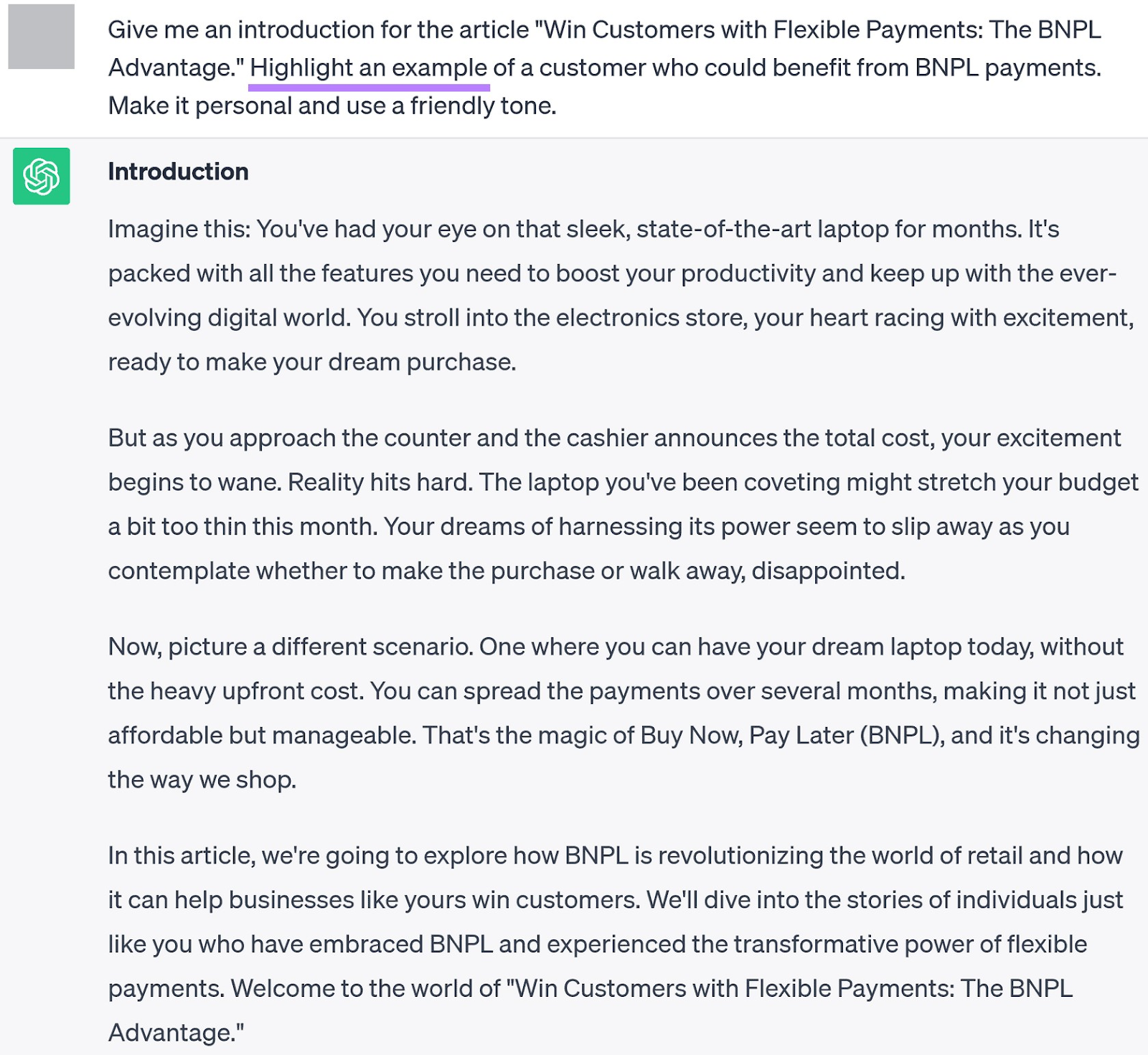 A prompt asking ChatGPT to generate an introduction on “Win Customers with Flexible Payments: The BNPL Advantage” with a specific example