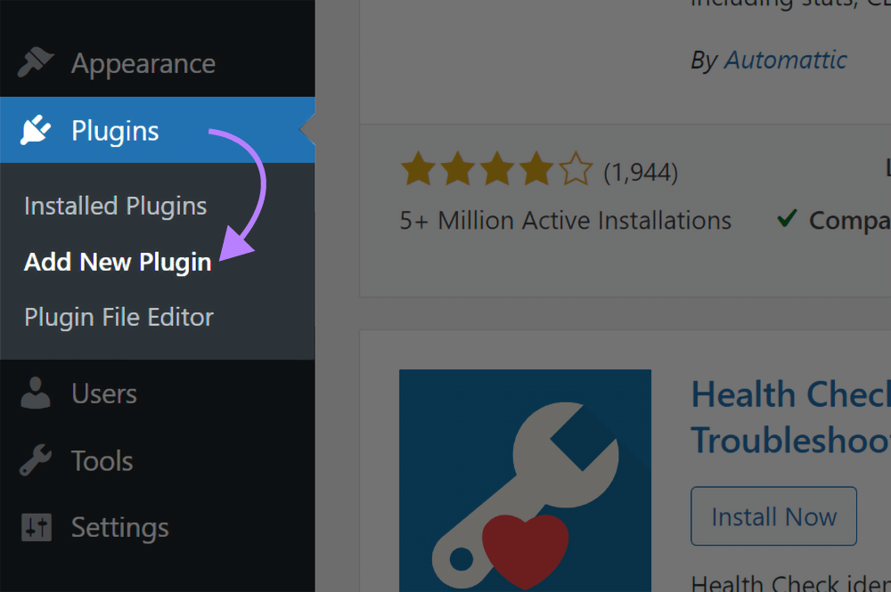 Add new plugin button in wordpress