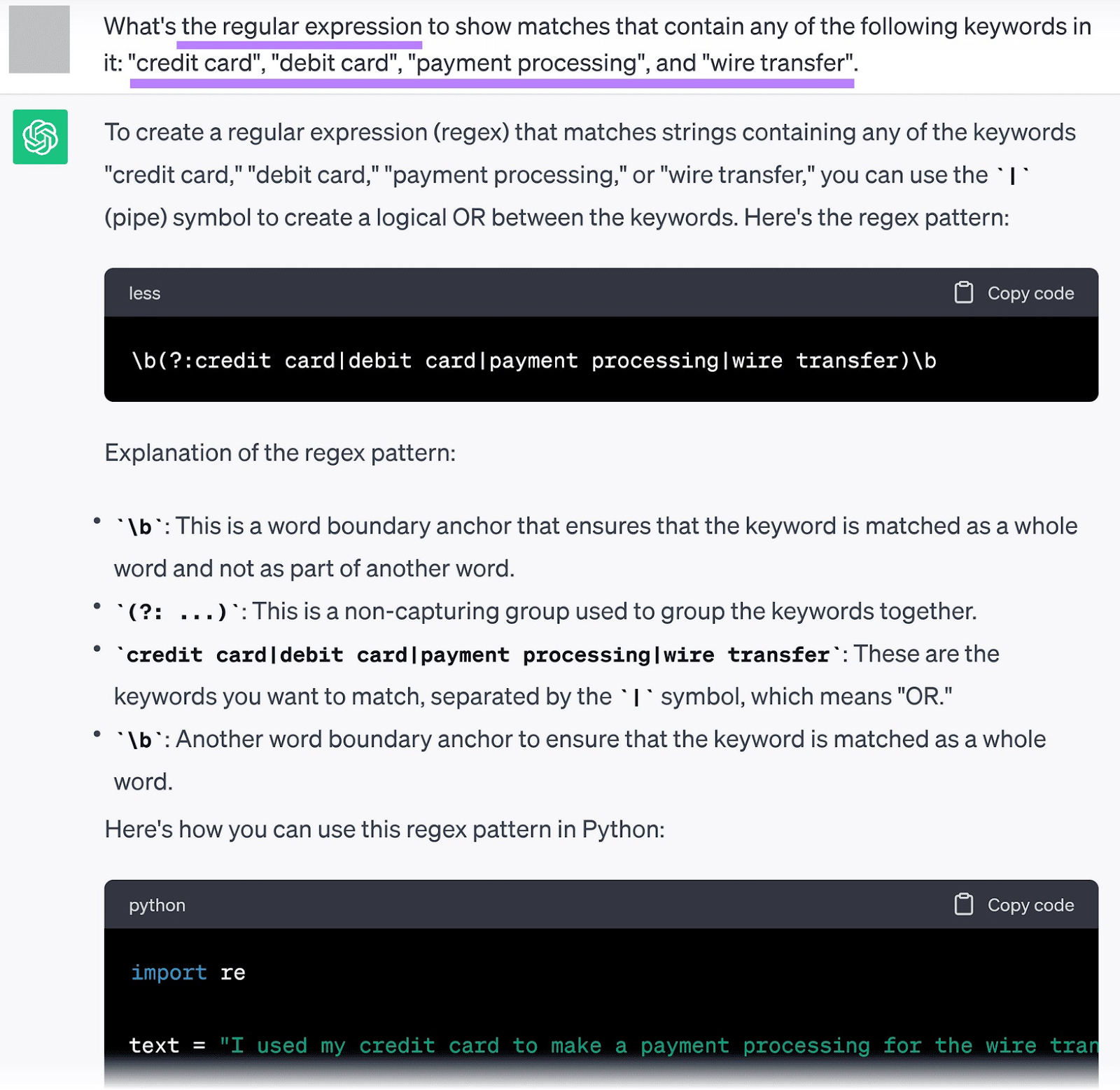 A prompt asking ChatGPT about regular expressions for given keywords