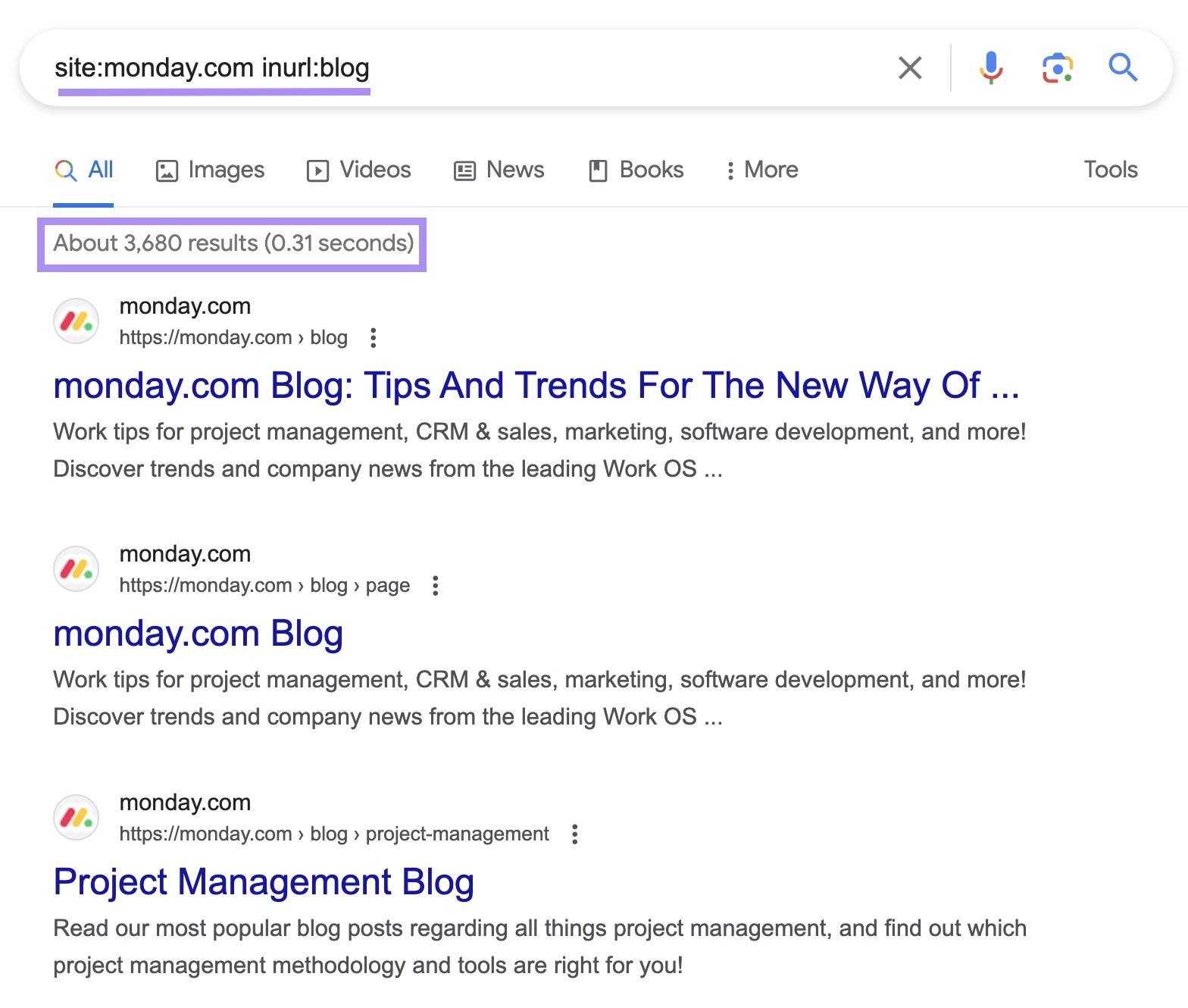 Google's SERP for “site:monday.com inurl:blog” search query